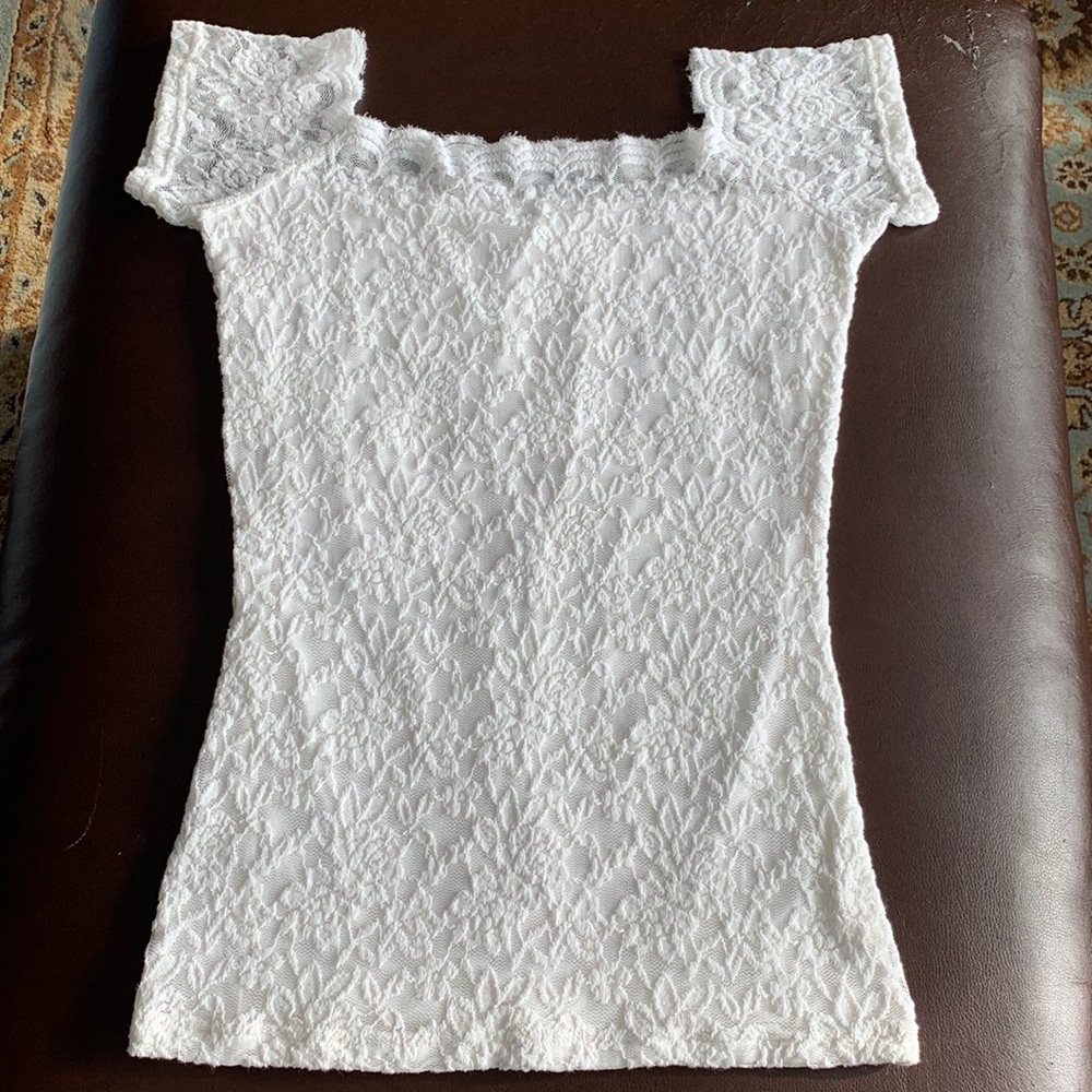 Stretchy Cream Chantilly Lace Top Square Neck - Picture 1 of 5